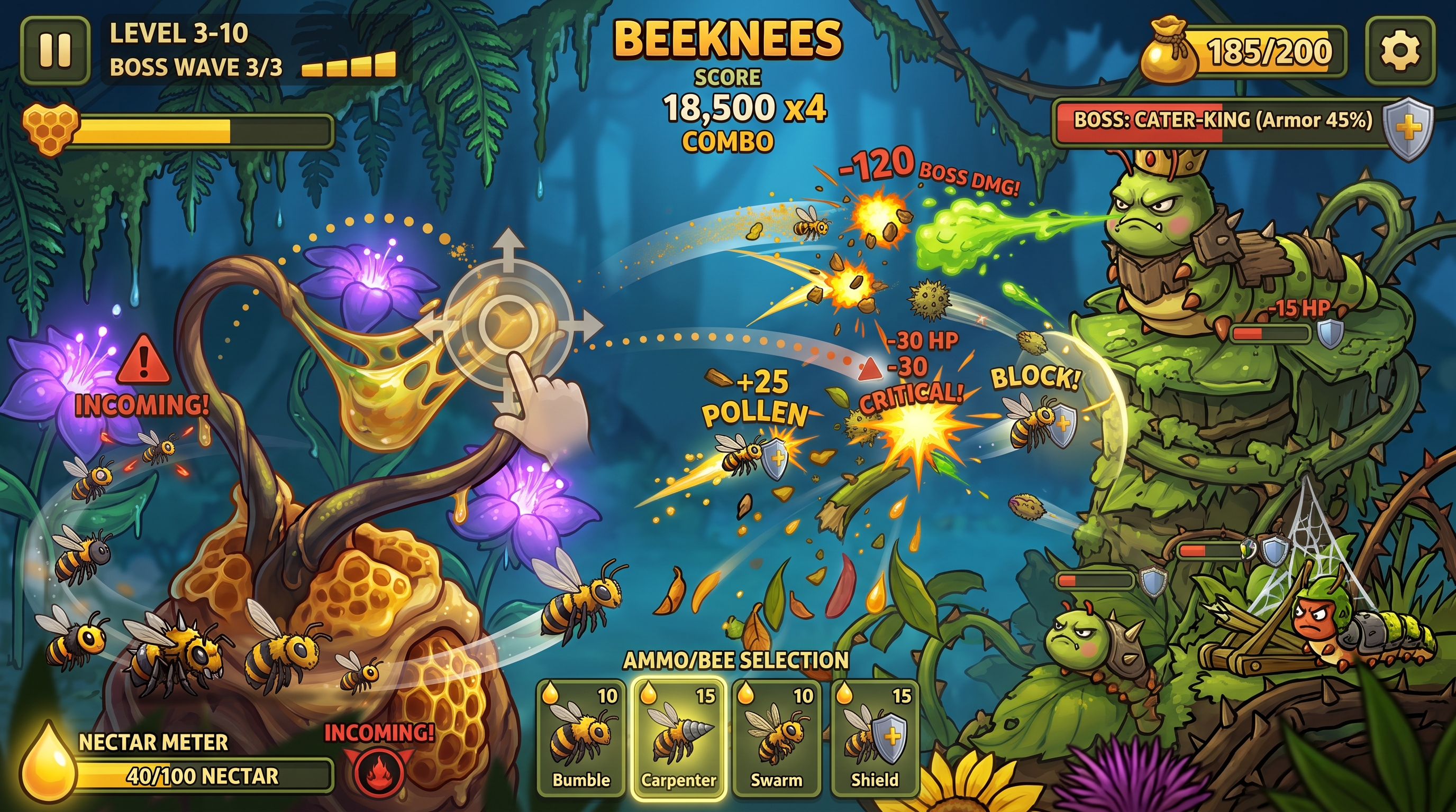 Beeknees gameplay: bees launched from a vine at caterpillars