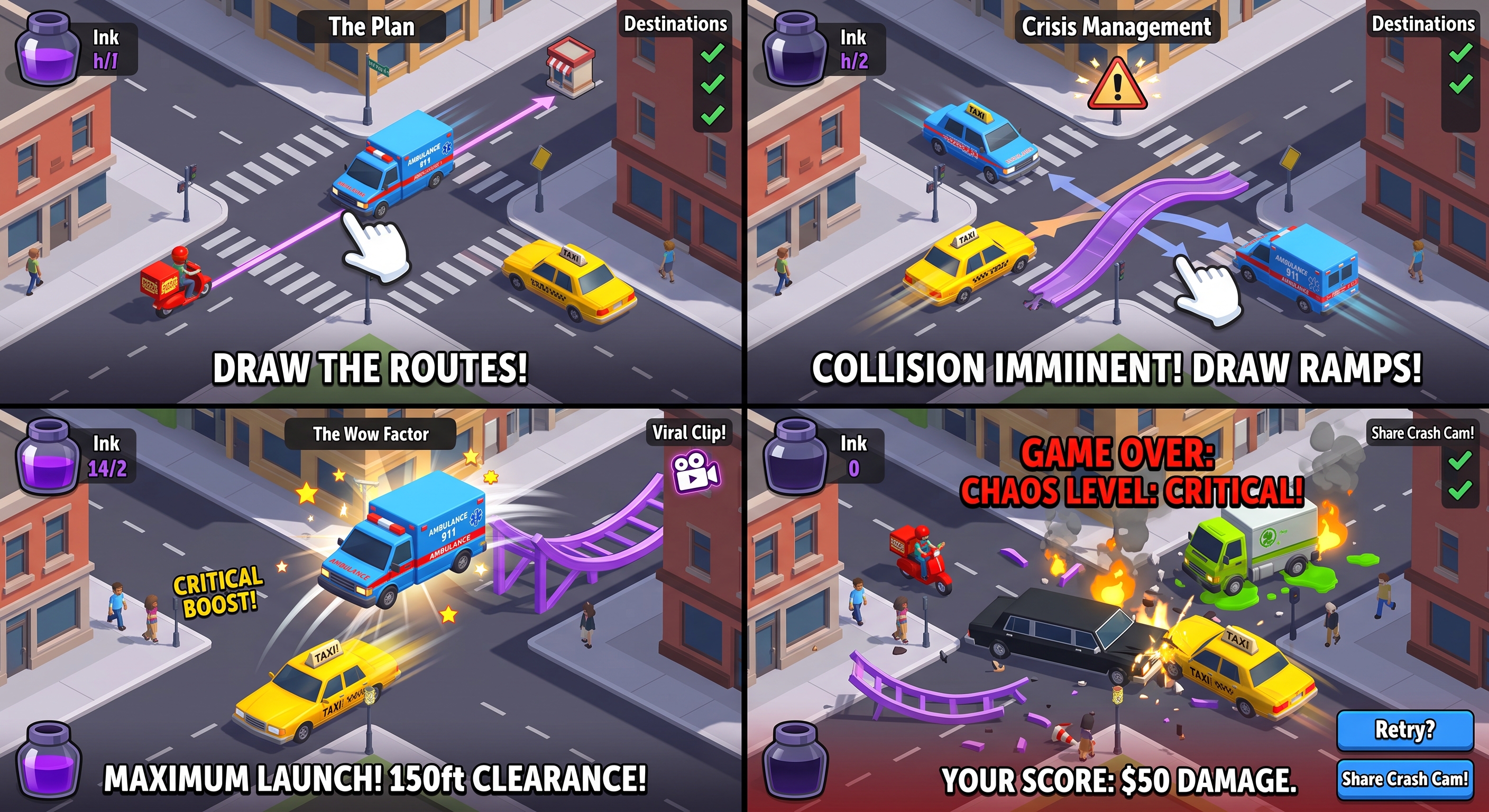 Crazy Dispatch gameplay: drawing routes and ramps for city vehicles